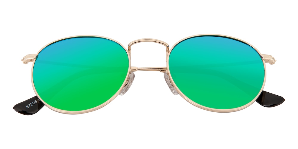Road Golden(Mirrored Lens-Green) Round Metal Sunglasses