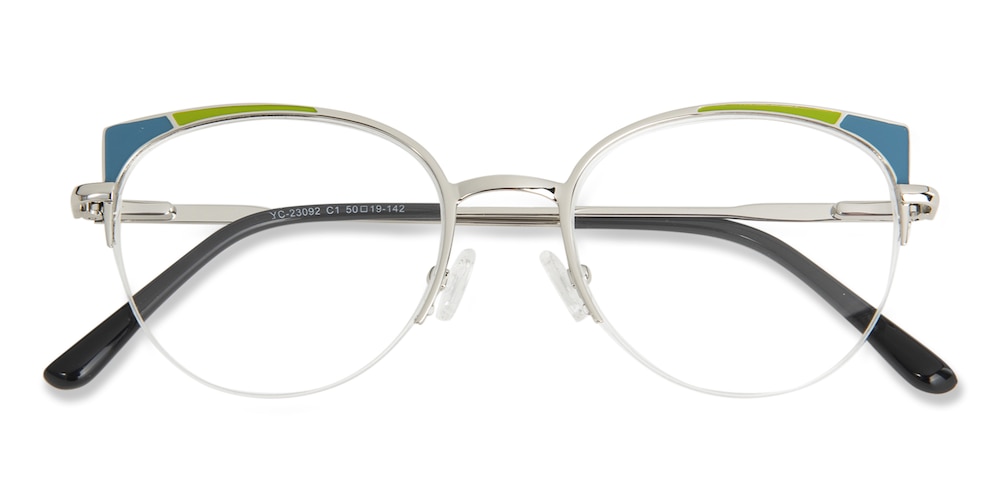 Ellen Silver/Blue/Green Cat Eye Metal Eyeglasses