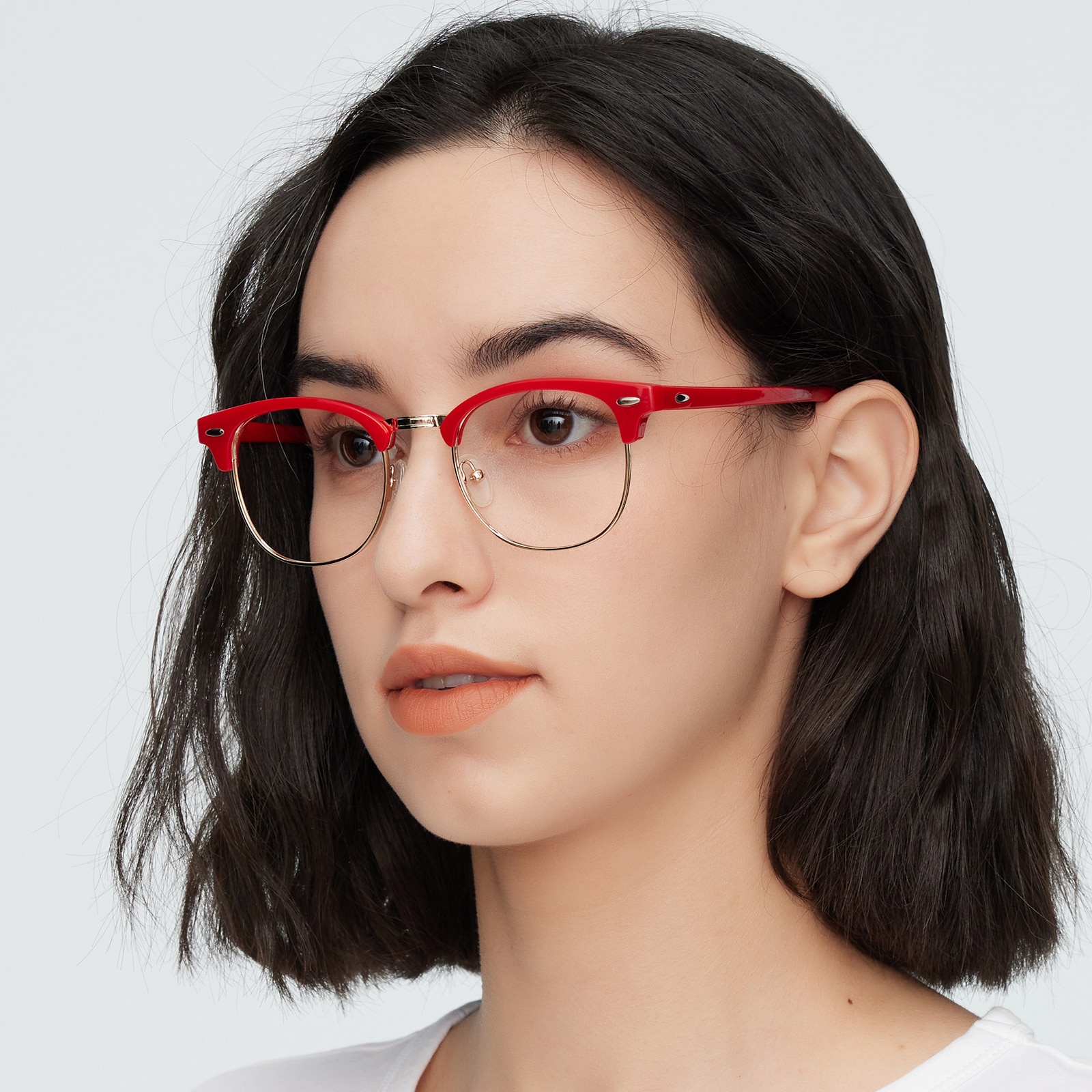Oval,Browline Eyeglasses, Full Frame Red/Golden TR90,Metal - FP2521
