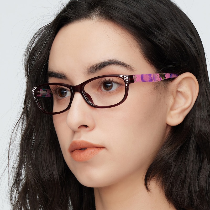 Vanessa Burgundy/Floral Rectangle Plastic Eyeglasses