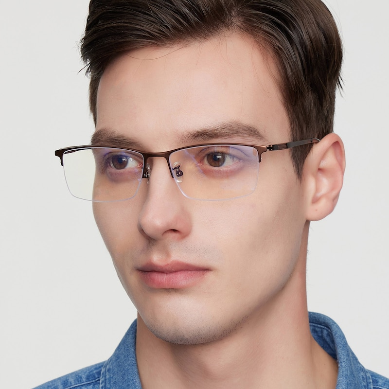 Yves Rectangle Brown Semi-Rimless Titanium Eyeglasses | GlassesShop