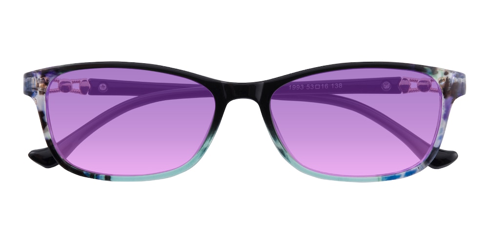 Lydia Black/Floral—Blue Block Phtochromic Purple Rectangle Plastic Eyeglasses