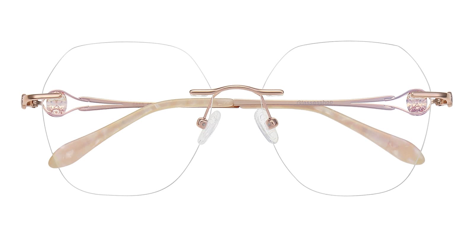 $775 Rose Gold Tone Pomellato Rimless Hexagonal Lightweight RX Glasses BRAND NEW Camille Cat Eye Rose Gold Rimless Eyeglasses | GlassesShop main image 4