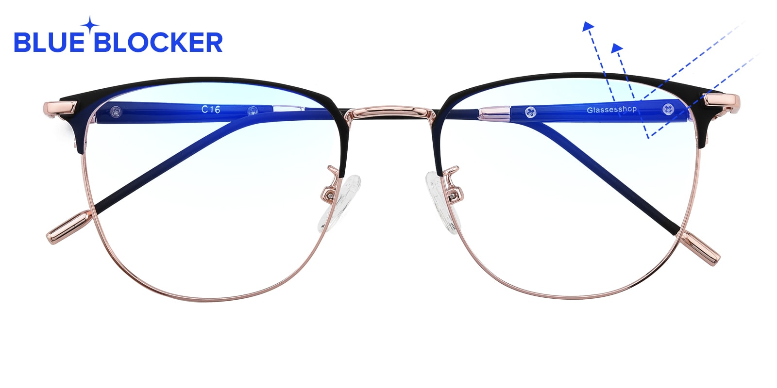 Oval Eyeglasses, Full Frame Black/Rose Gold-Blue Block Pro Metal - FM1354PRO
